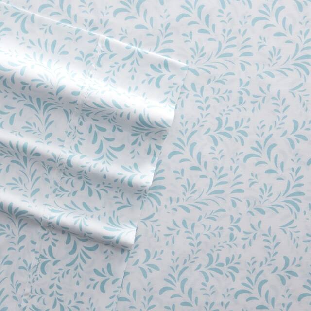 Becky Cameron Printed 4 Piece Deep Pocket Bed Sheets Set - Queen - burst of vines-light blue