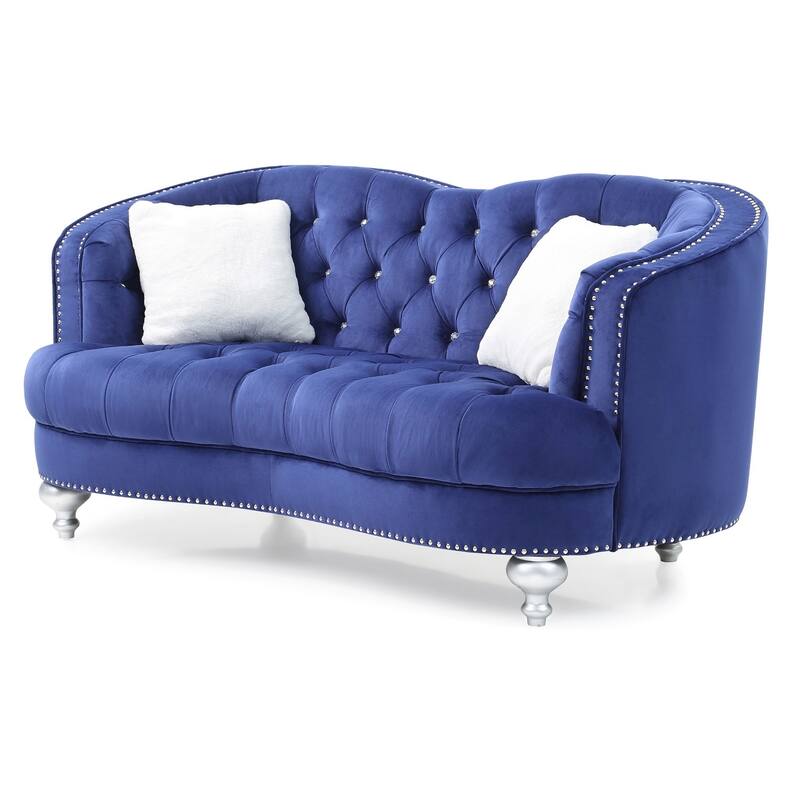Tufted Velvet Straight Sofa with Throw Pillows - 71" - Blue