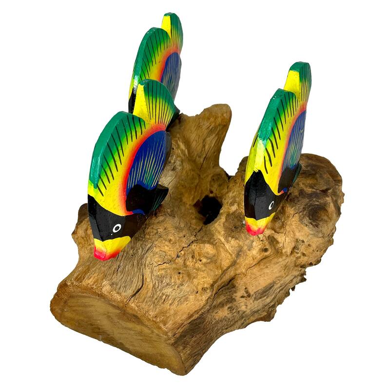 Handcrafted Driftwood & 3 Tropical Fish Sculpture Coastal Nautical - 6 X 7.5 X 7 inches