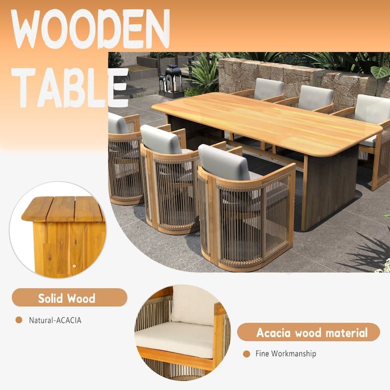 Outdoor 7-piece Acacia Wood Dining Set with 6 Cushioned Chairs for Patio Entertaining
