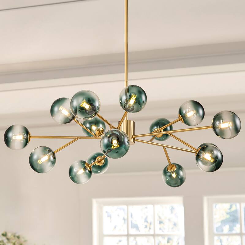 15-Light Modern Linear Sputnik Kitchen Island Light Branch Cluster Glass Globe Bubble Chandelier