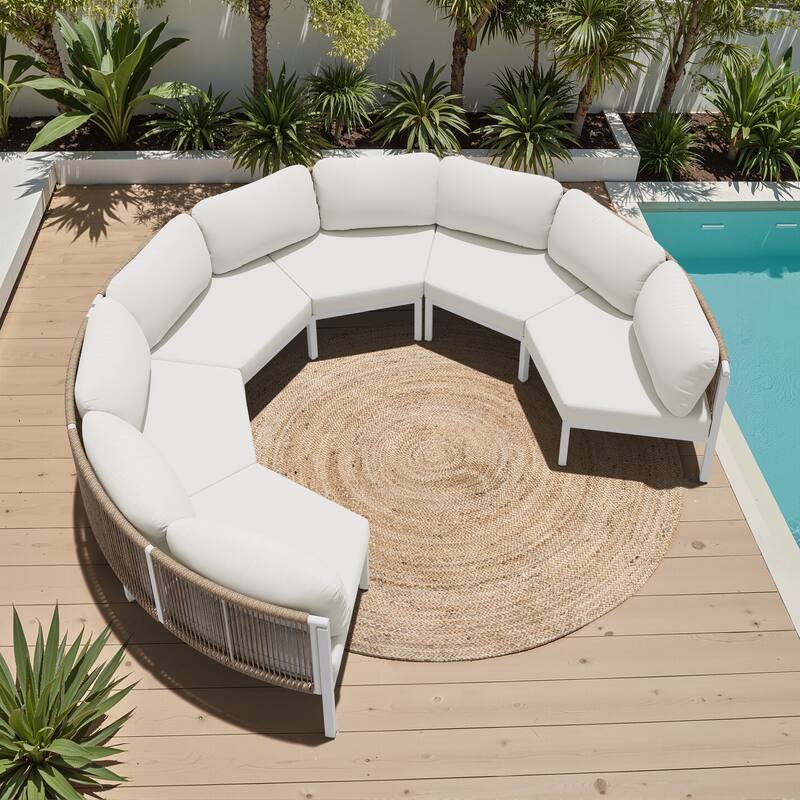 Curved Outdoor Sofa Rattan Sectional Sofa Patio Furniture Set Outdoor Conversation Sets - 6-seater - Beige