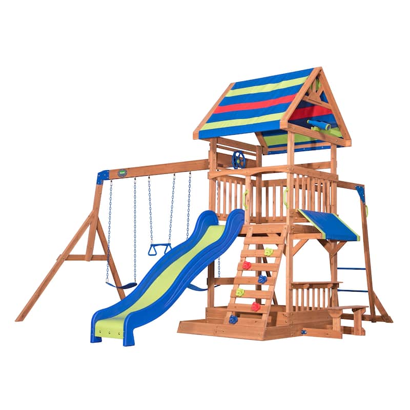 Backyard Discovery Beach Front Cedar Wood Swing Set, Slide, Play Deck - 14'1" x 14'5"