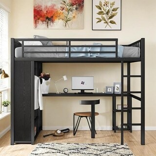Metal Loft Bed with Desk and Storage Shelves, TwinXL/FullXL/Queen