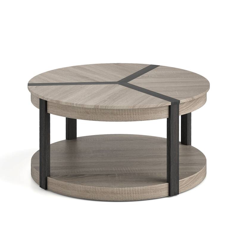 34.5" Rubber Wood 2-Tier Round Center Table with Spacious Tabletop and Storage Shelf-Gray - Multi