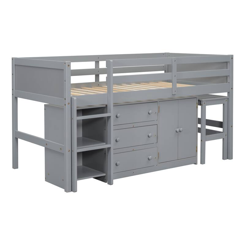 Twin Size Wood Low Loft Bed With Pull-Out Desk, Drawers, Cabinet, and Shelves