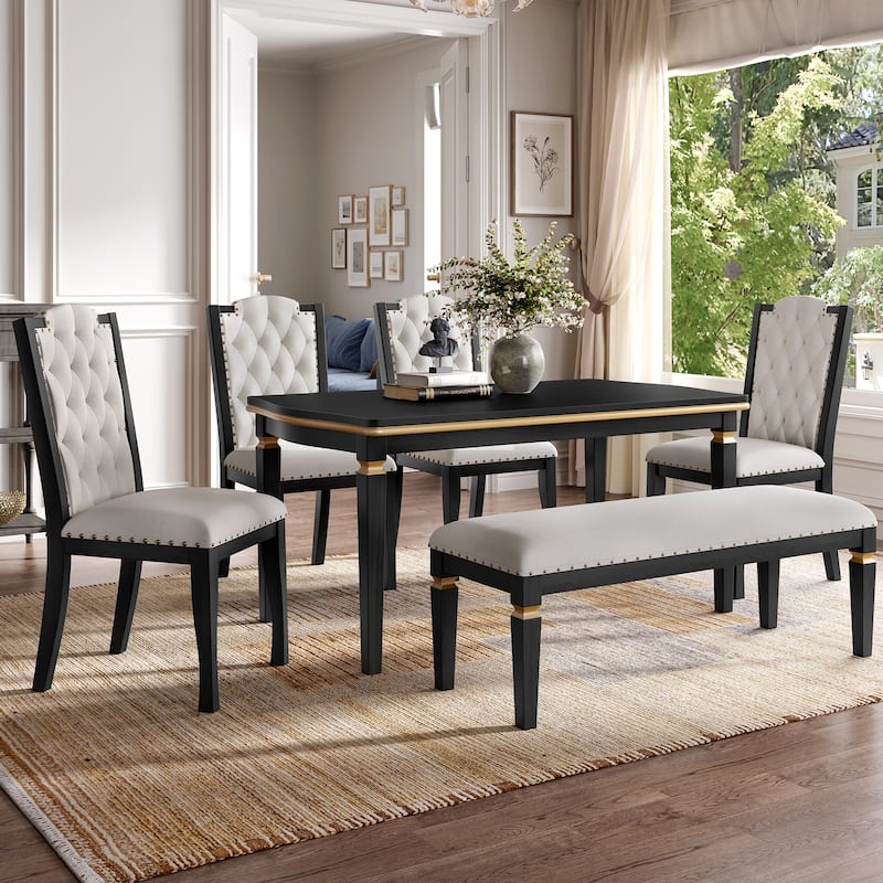 6-Piece Wood Dining Table Set, Kitchen Table Set with 4 High-Back Upholstered Chairs and Bench for Living Room