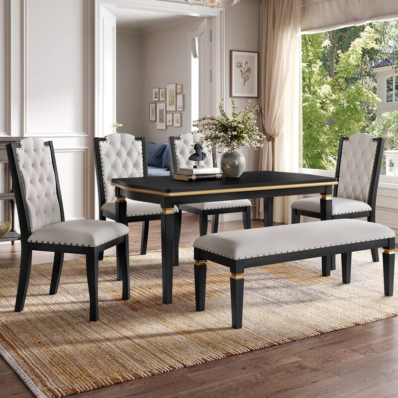 Farmhouse 6-Piece Dining Table Set for 4 with Sturdy Rubber Wood Frame and Upholstered Chairs for Versatile Spaces