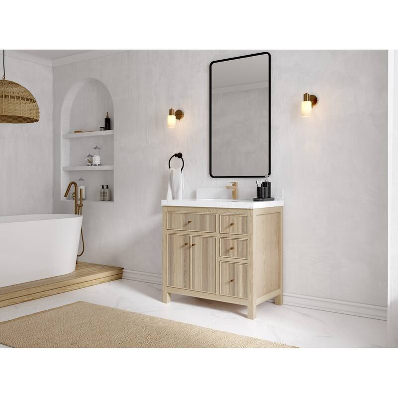 Willow Collections 36 x 22 Sonoma Oak Wood Center Sink Left Bathroom Vanity with Quartz or Marble Countertop