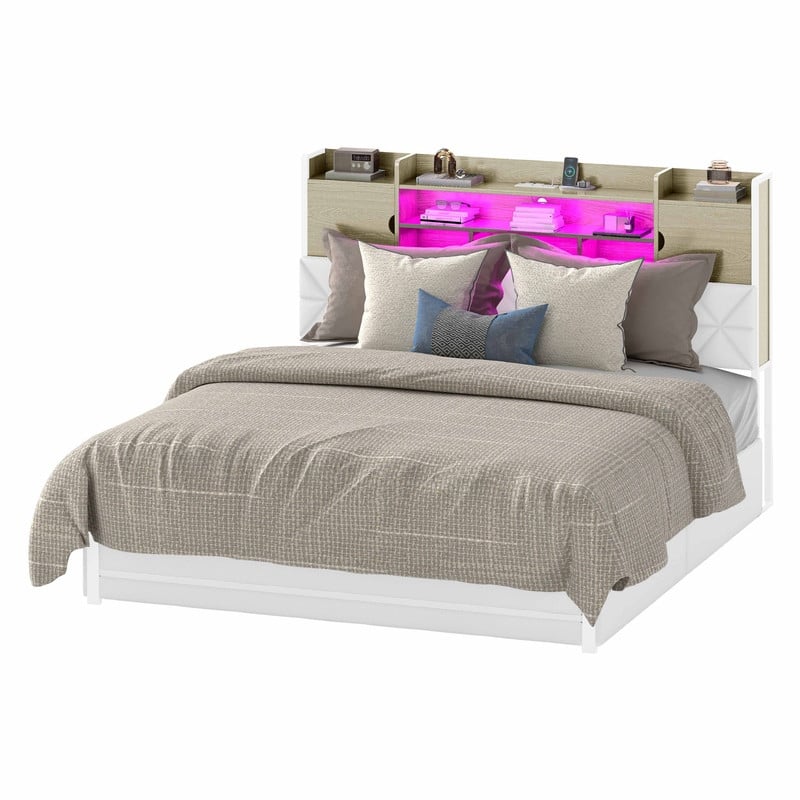 Moasis Queen / King Size Upholstered Bed Frame with Storage Bookcase Headboard & RGB LED Lights