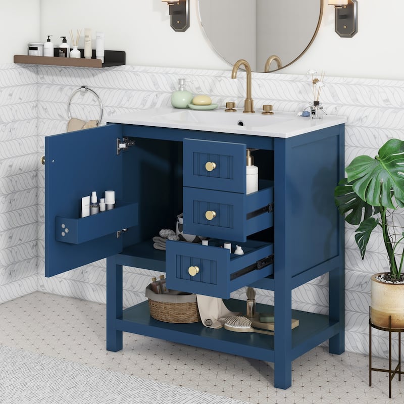 30" Transitional Style Bathroom Vanity Cabinet Combo with Ceramic Sink