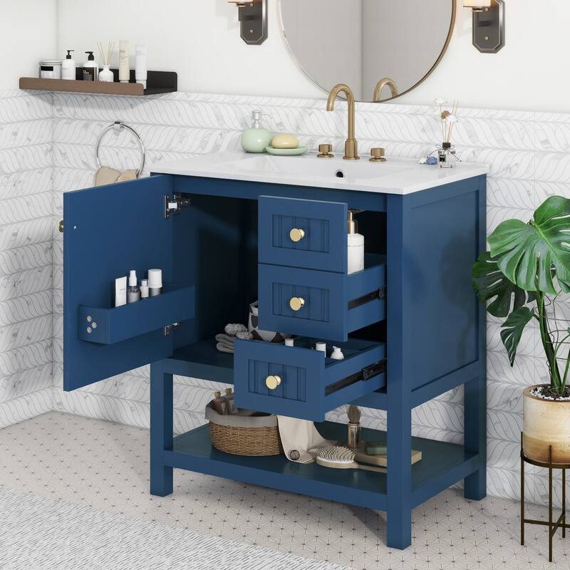 30'' Transitional Style Bathroom Vanity Combo with Ceramic Sink, Bathroom Vanity Cabinet with 1 Soft Close Door and 2 Drawers