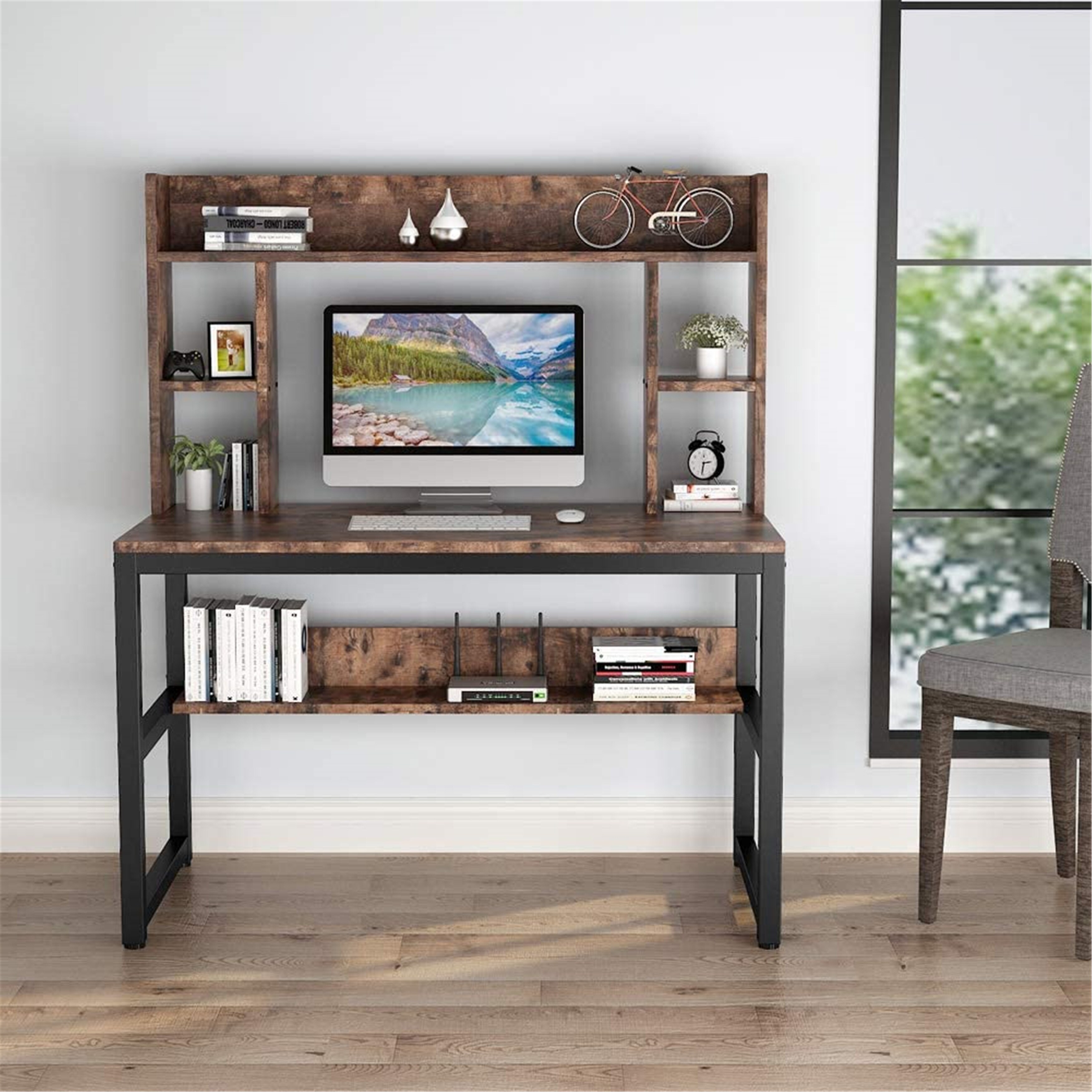 Brown Black 47/55'' Working Desk with Hutch Bookshelf Home Office Computer Table 