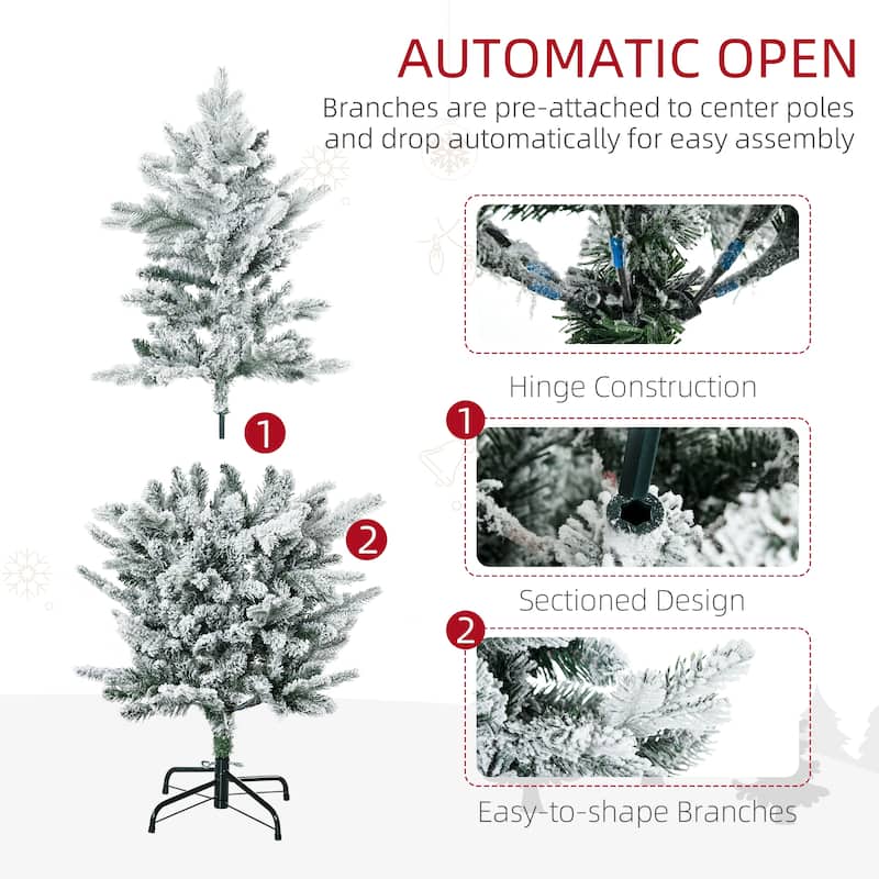 HOMCOM 4.5ft Tall Flocked Artificial Christmas Tree Holiday Décor with 267 Snow Branches,Green - 4.43 ft