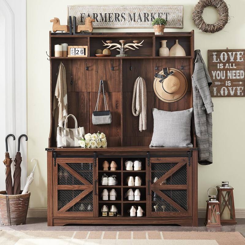 Farmhouse Entryway Bench with Coat Rack, with Shoe Storage Bench