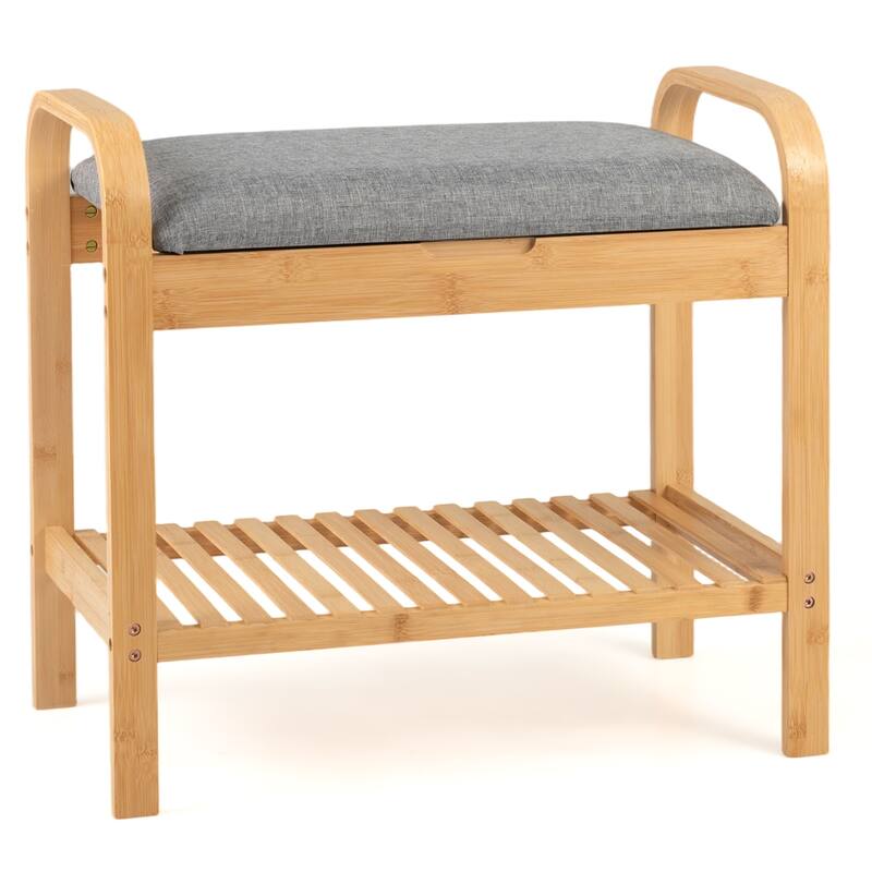 Gymax Bamboo Shoe Rack Bench w/ Cushion Entryway Bench w/ Flip-Top - See Details - See Details - Grey