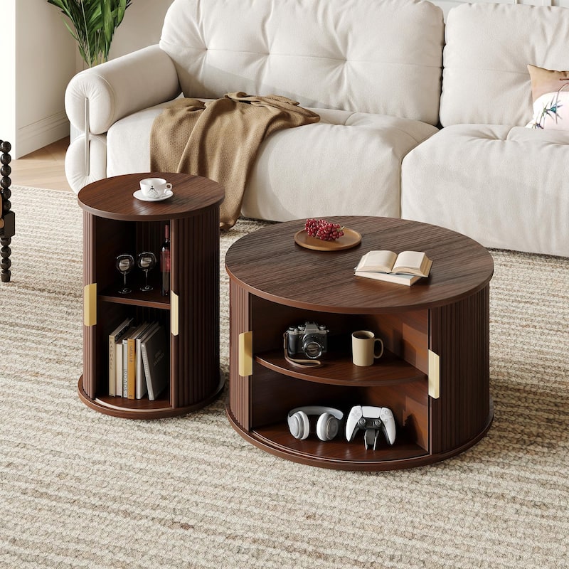 Mid-Century Coffee Table Set with Sliding Tambour Door - Round Fluted End Table with Storage