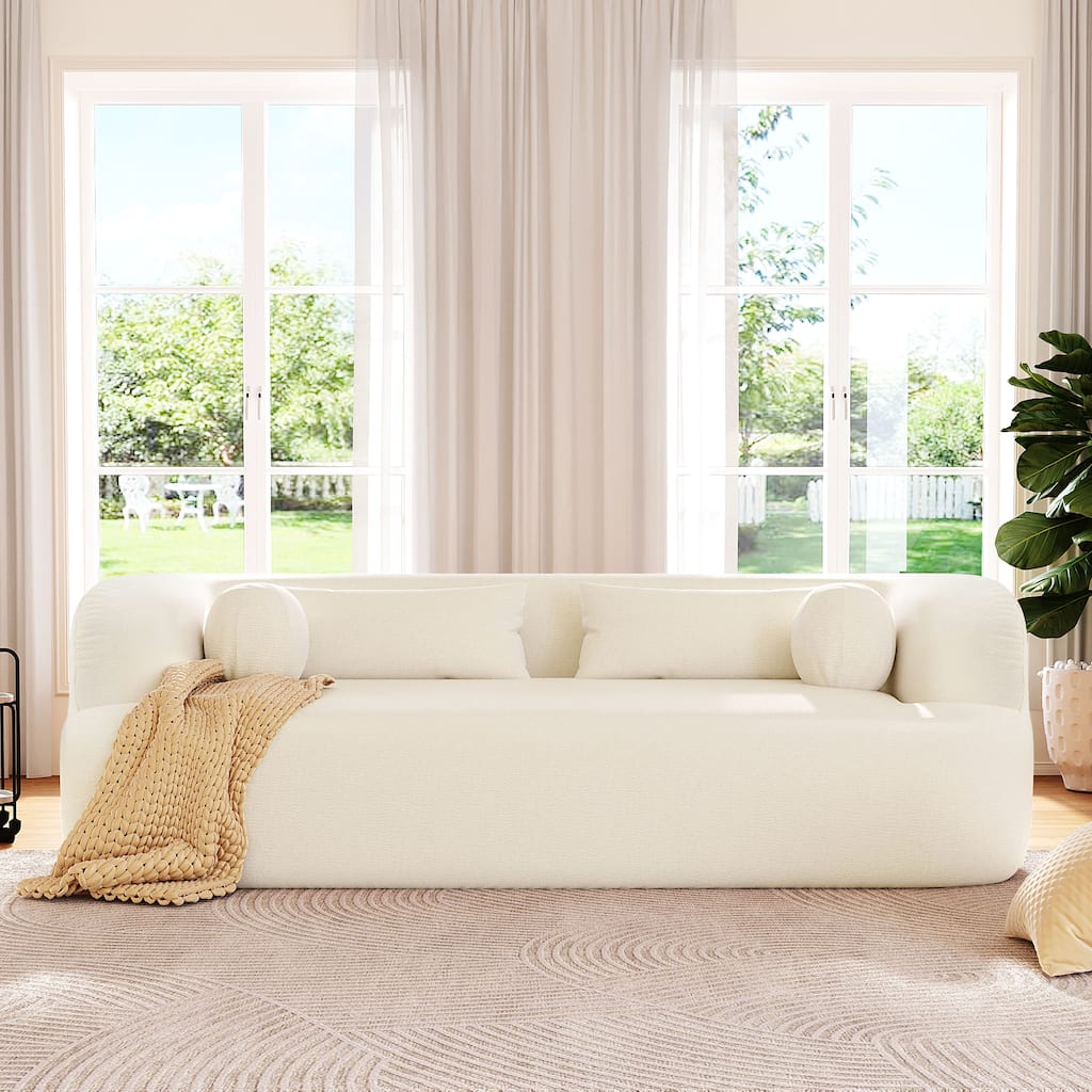 Boneless Couch Beige Upholstered Sofa with Pillows, 3-Seater Sofa Couch Settee Couch for Living Room