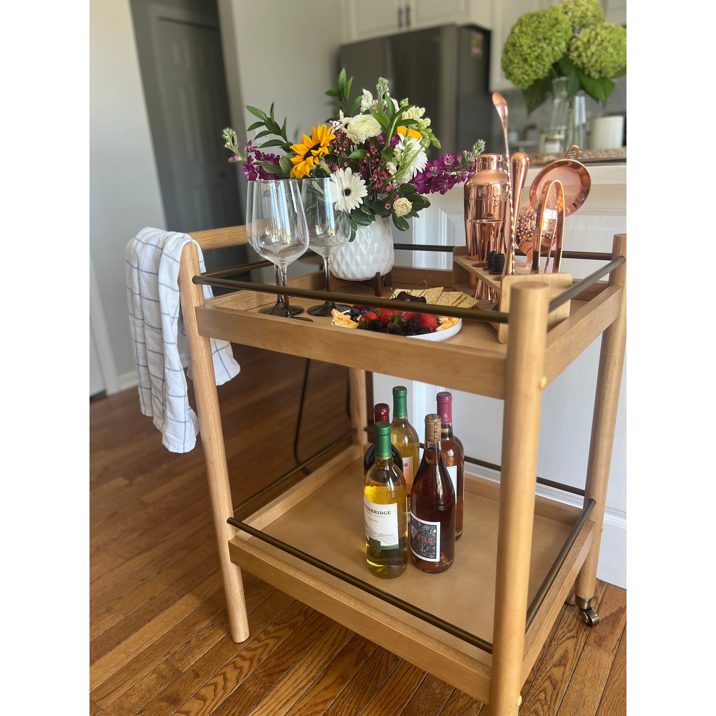 Farley Mid Century Modern Bar Cart, Solid Wood Serving Cart with