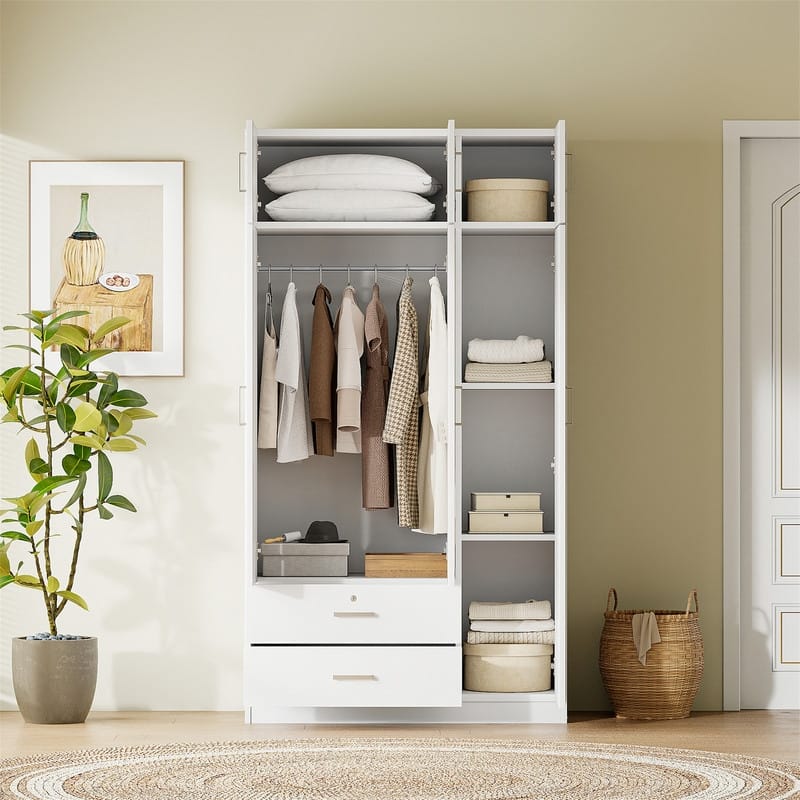 3 Door Wardrobe Closet with Mirror & Top Cabinet, Bedroom Armoire w/ 2 Drawers & Shelves, Modern Storage Cabinet w/ Hanging Rod