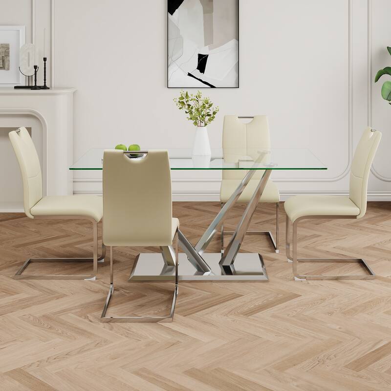 63" Glass Dining Table Set for 4, 5 Piece Dining Table and Chairs Set, Rectangular Table with 4 Faux Leather Chairs & Metal Legs