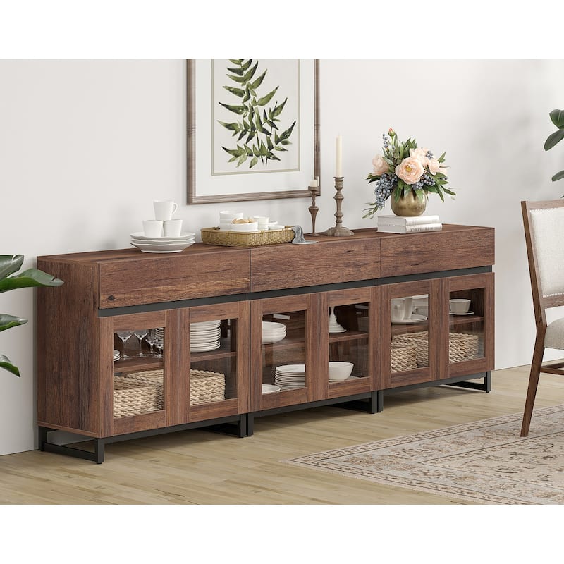 WAMPAT Multifunctional Sideboard Buffet Cabinets with 6 Glass Doors and Drawers, Modern Sideboard, Coffee Bar Storage Cabinet - 3PACK - Brown