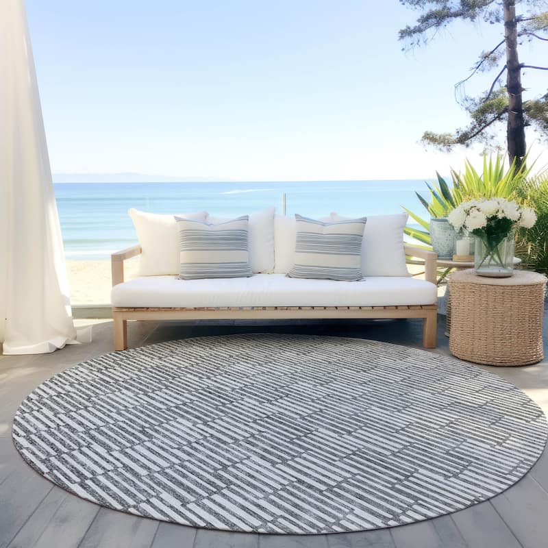 Machine Washable Indoor/ Outdoor Chantille Stripe Blocks Rug - Gray - 8' x 8'
