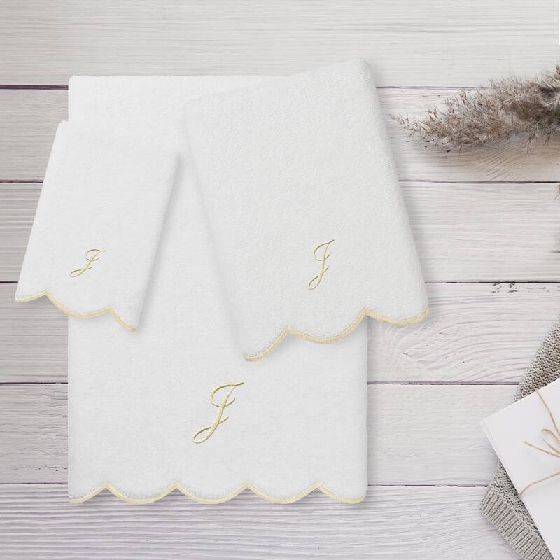 Authentic Hotel and Spa 100% Turkish Cotton Beige ADORNIA Scallop Personalized 3 Piece Towel Set - 3 Piece Set