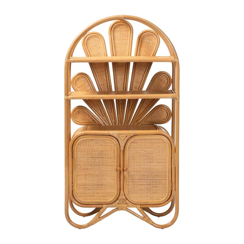 Noreen Peacock Fan Natural Rattan Cabinet - Handcrafted Rattan Pole Hutch with Woven Doors and Shelves, Boho Coastal Accent