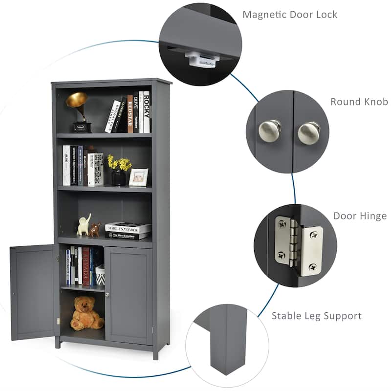 Free Standing Display Bookcase Large Bookshelf with Doors and Shelves