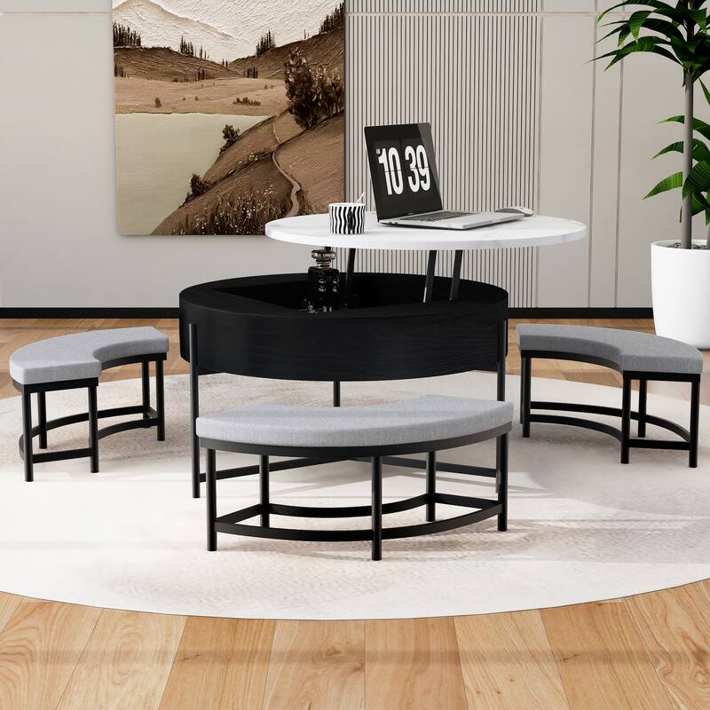 Roomfitters Modern Round Lift-Top Coffee Table with Hidden Storage, 3 Upholstered Ottomans