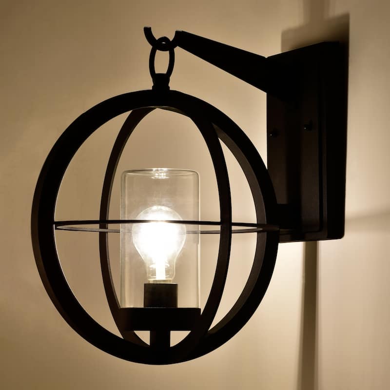 1-Light 12" Black Global Outdoor Wall Lantern Sconce with Clear Glass Tube - W 12" x E 14" x H 14-3/4"