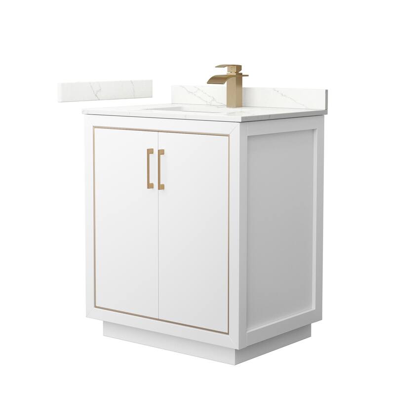 Wyndham Collection WCF111130S-QTZ-UNSMXX Icon 30" Free Standing Single - White / Giotto Quartz Top / Satin Bronze Hardware