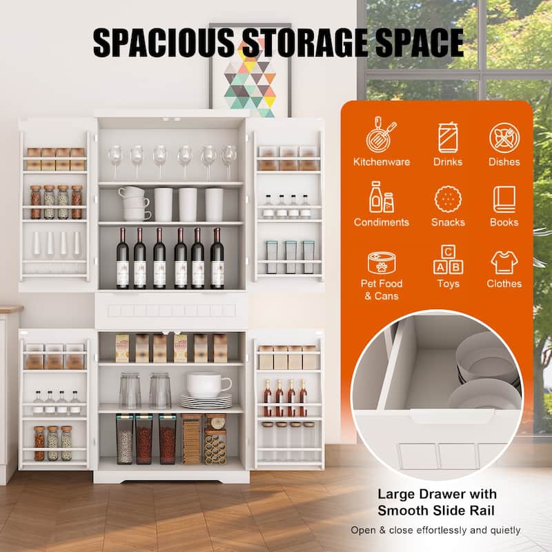 Pantry Cabinet,71.65"Tall Storage Cabinet with Drawer, 2 Cabinets & 6 Door Shelves, Adjustable Shelves, Freestanding Cupboard