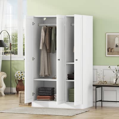3-Door Shutter Wardrobe with Shelves & Hanging Clothes Rod, Folding and Hanging Areas Clothes Storage Cabinet Armoires