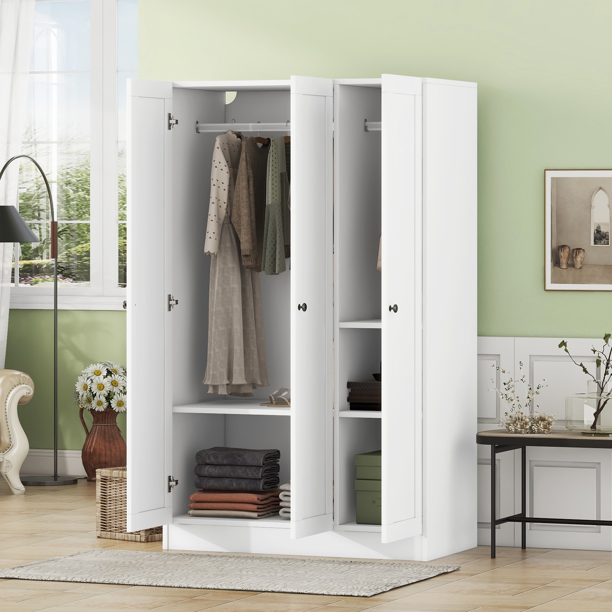 White 3-Door Wardrobe Clothing Storage Cabinet, Cloakroom 