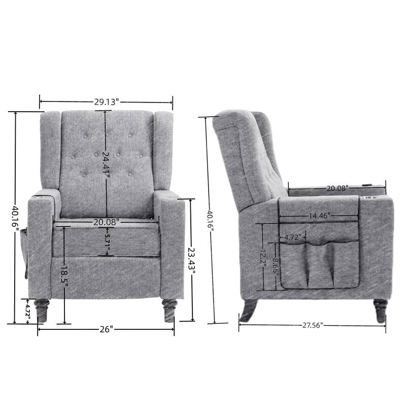 Linen Fabric Wingback Push Back Recliner Chair with 2 Hidden UBS Ports