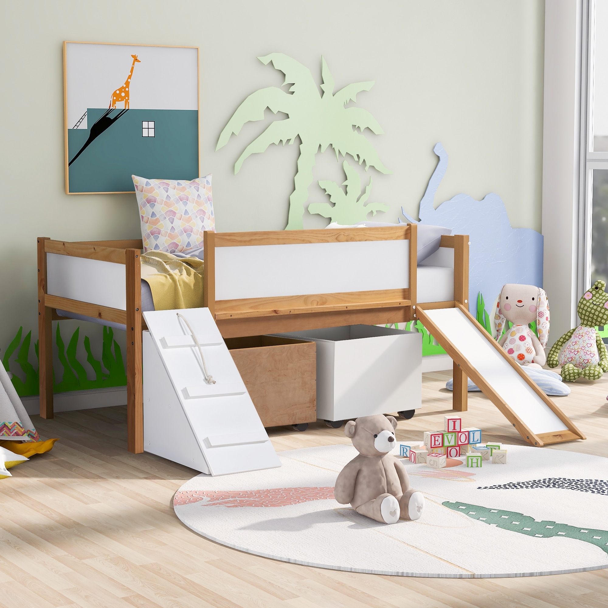 Natural wood twin bed deals with storage