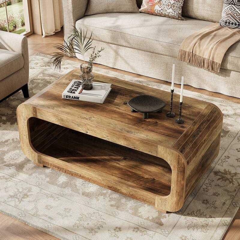 47" Rustic Curved Wood Coffee Table with Open Shelf, 2-Tier Rectangular Center Table for Living Room