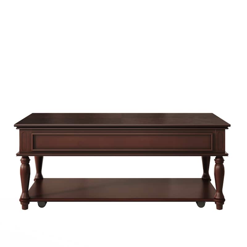 Coffee Table with One Drawer, Retro Movable Rectangular Cocktail Table with Lockable Wheels, Country Style Center Table