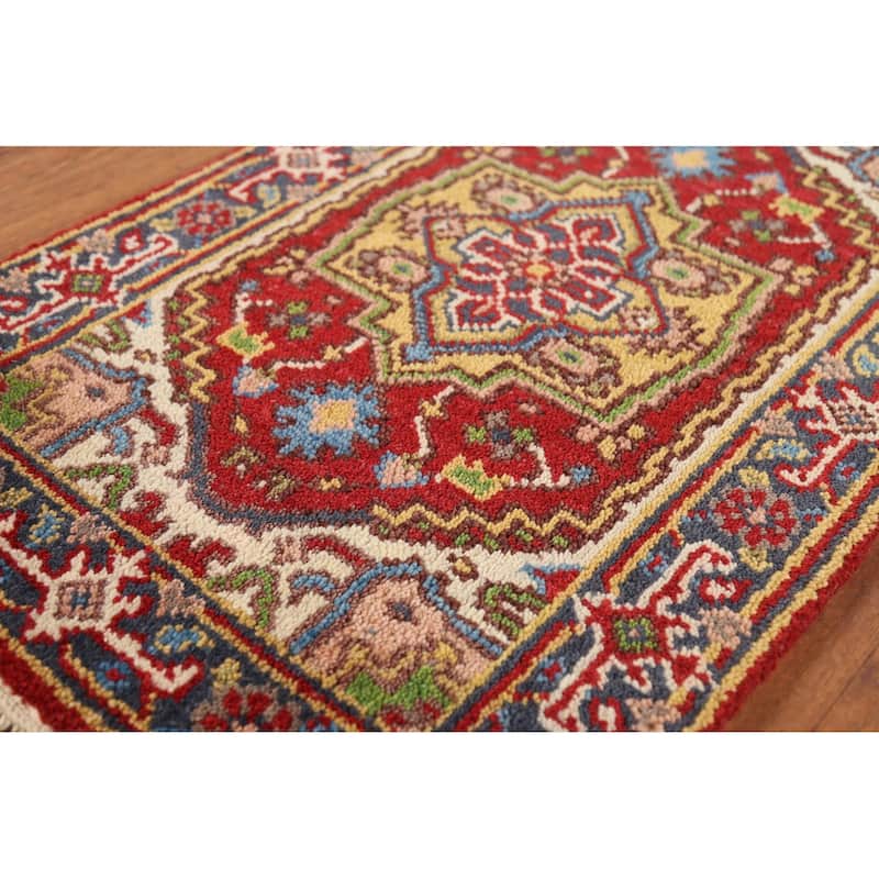 Red Geometric Heriz-Serapi Indian Accent Rug Hand-Knotted Wool Carpet - 2'0"x 3'0"