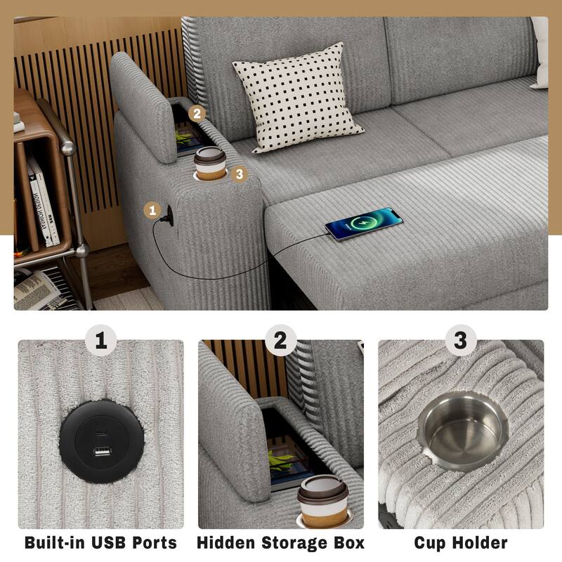 Modern Convertible Sectional Sofa Bed with USB Ports and Storage and Cup Holder for Small Space Living Room