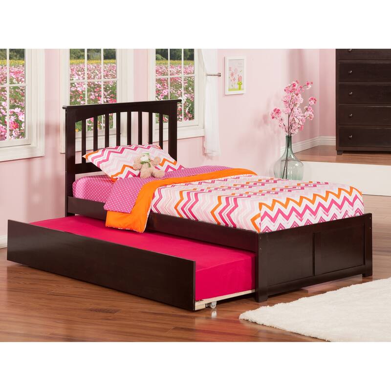 Twin Size Platform Bed with Trundle, USB Port - Espresso Finish, No Box Spring Needed, Modern Design