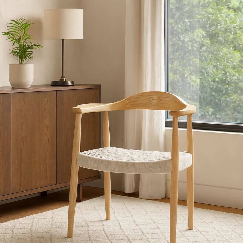 Accent Armchair, White Rope Woven Style Seat, Natural Brown Ash Wood