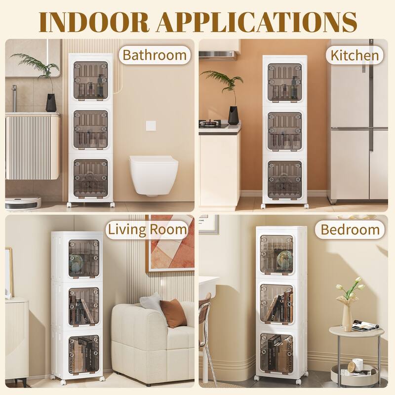 VECELO White 3-Tier & 4-Tier Narrow Storage Bins Foldable Stackable ABS Organizer Bins with Wheels for Bathroom Living Room