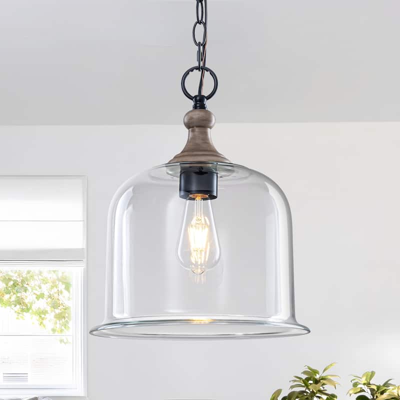 Starsky 1-Light Clear Glass Bell Jar / Cloche Pendant With Wood-Look Metal Accent - Cloche