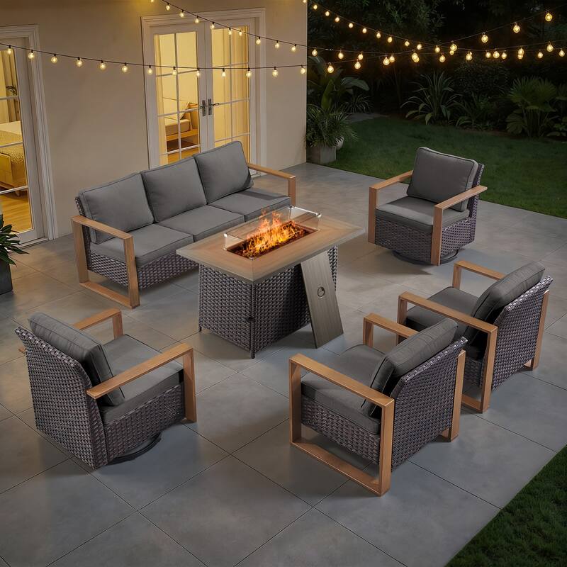 Meyreso Wicker Outdoor Patio Fire Pit Set with Swivel Gliders and Olefin Cushions - Brown / Gray Cushions - 6-Piece