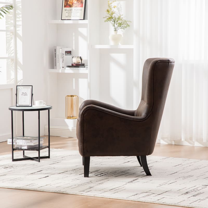 28"W PU High Back Upholstered Accent Chair, Retro Wingback Arm Chair ,Single Sofa Bedroom Reading Seat with Solid Wood Legs