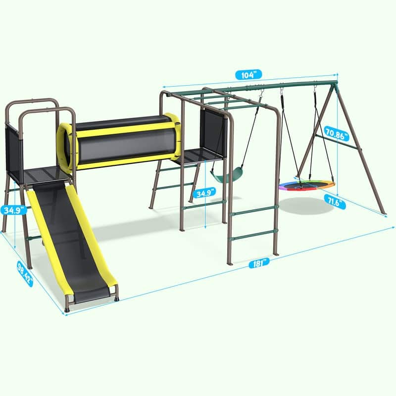 Hapfan 660lbs 5 in 1 Metal Swing Set with Slide Monkey Bars Crawl Tunnel and Trapeze Bar for Kids Outdoor Backyard Playset