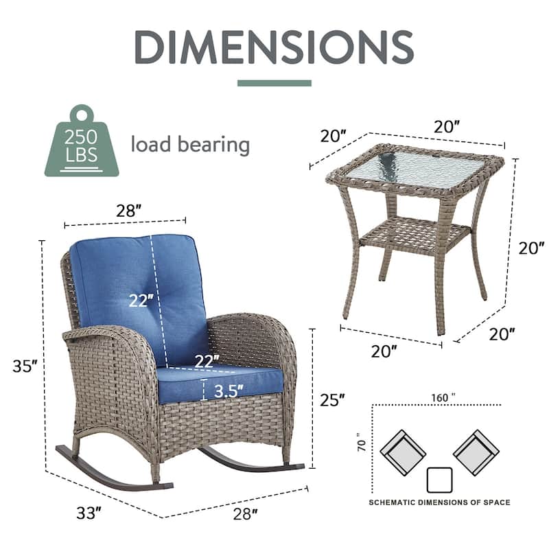 Pocassy 3 Pieces Outdoor Rocking Chairs with Side Table Patio Set.